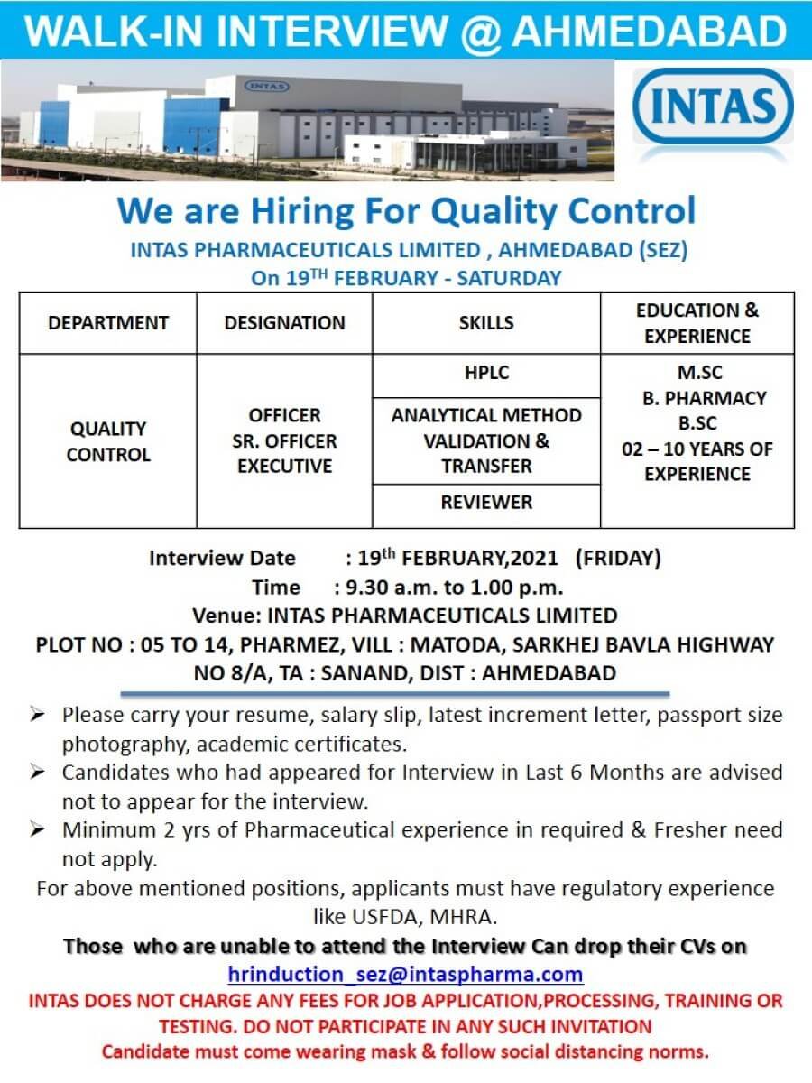 Intas Pharmaceuticals Walk In Interview 19th Feb 2021 for QC