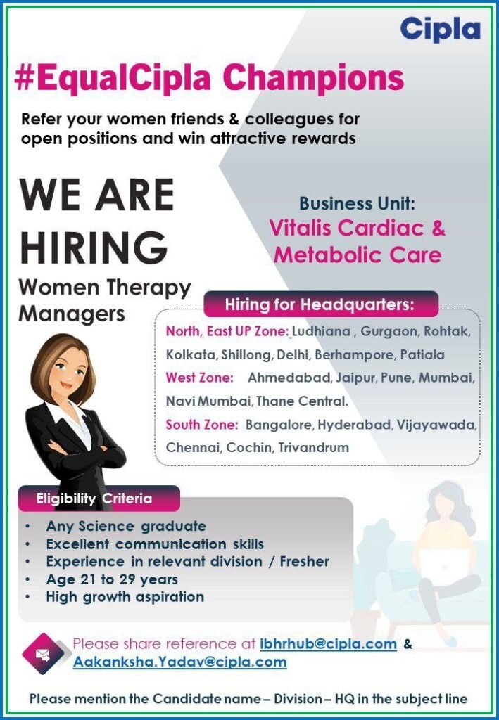 Women Therapy Manager Jobs at Cipla Ltd Multiple Locations India