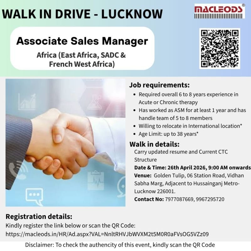 Associate Sales Manager (Interntional) Africa in Macleods Pharma